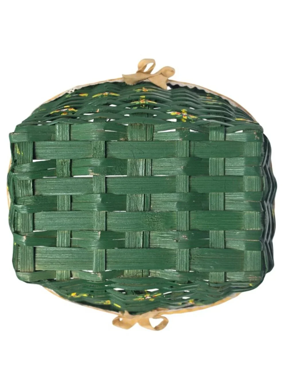 Handwoven Green Woven Basket Floral Painted Lace Trim Handle Easter Gift Basket